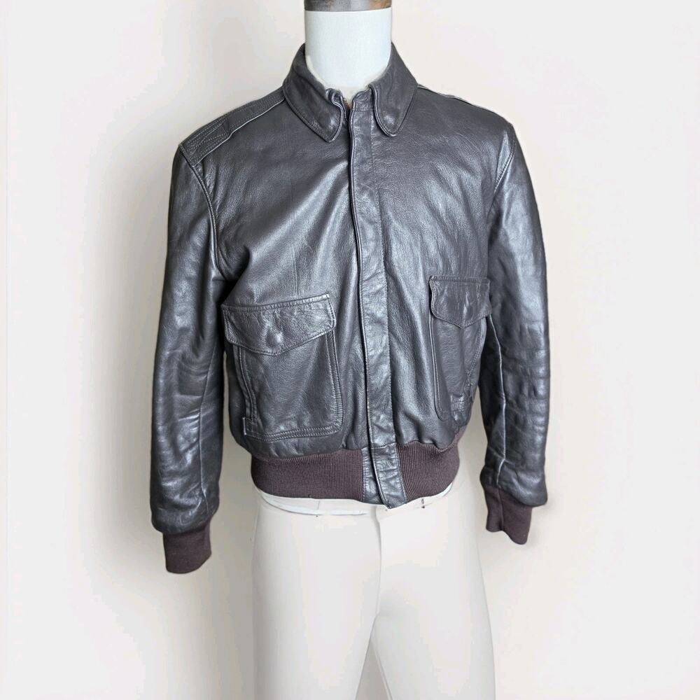 Vintage LL Bean Goatskin Leather Wool A2 Flight Bomber Jacket Brown USA Sz 38